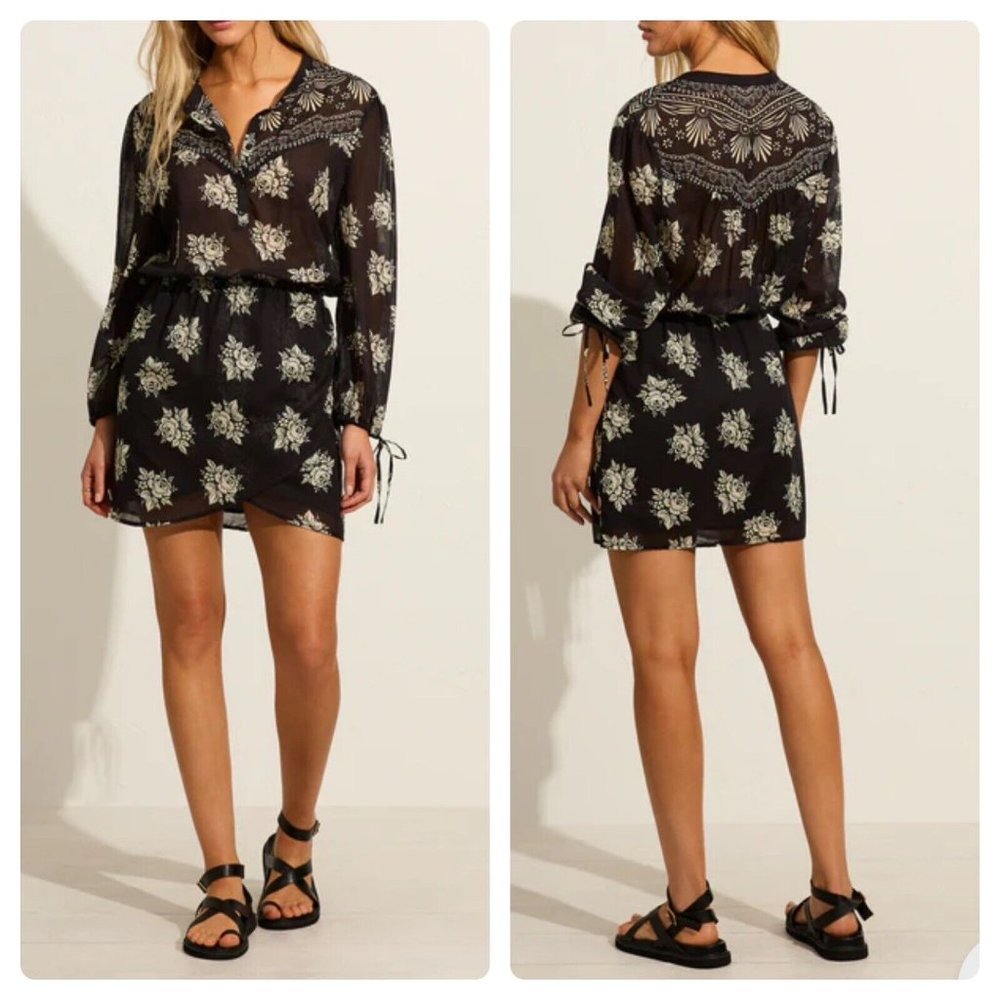 NWT Auguste The Label Azalea Boho Floral Blouson Faux Wrap Mini Dress US 0 XXS